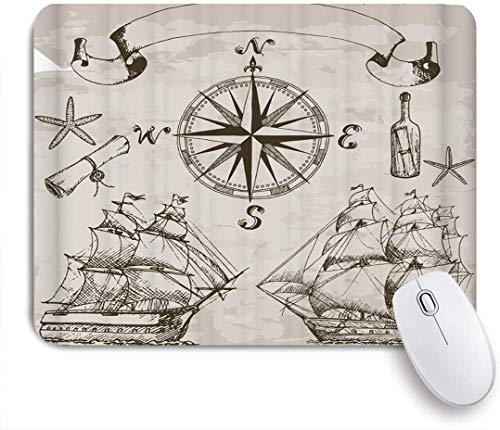 Preisvergleich Produktbild Benutzerdefiniertes Büro Mauspad,Hand gezeichnete Segelkompass Segelschiff Nachricht in einer Flasche Seestern Textfeld,Anti-slip Rubber Base Gaming Mouse Pad Mat
