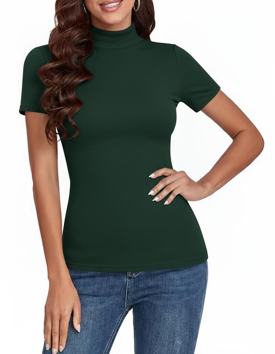 Totatuit Damen T-Shirt Kurzarm Gerippt Slim Fit Oberteile Elegant Basic Sommer Casual Stretch Tshirt mit Stehkragen Rollkragenshirt Tops S-XXL