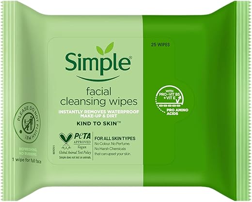 Simple Kind To Skin Cleansing Facial Wipes 25 Wipes | Instantly Removes Waterproof Mascara, Make-Up & Dirt | Super Soft Face Wipes with Gentle Cleansers & Multivitamins