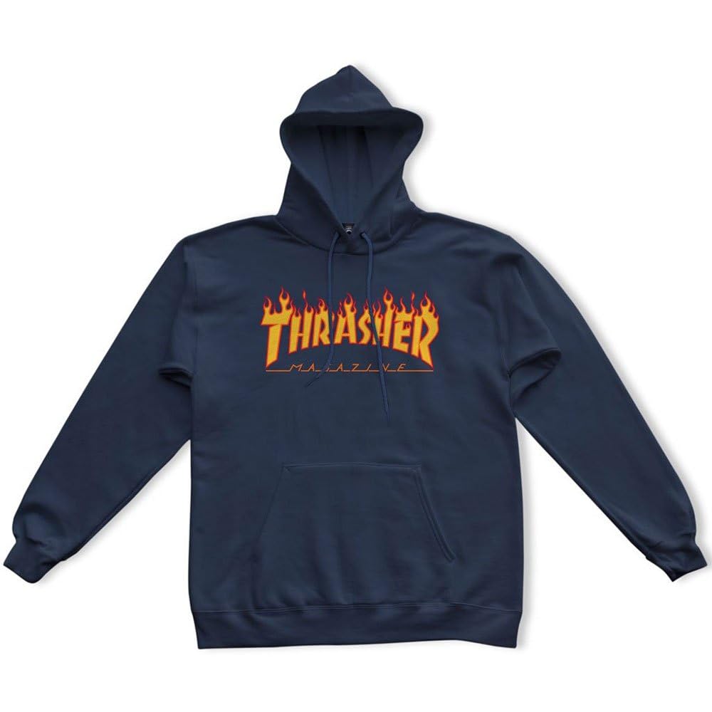 Thrasher Men's Navy Blue Hooded Sweatshirt, Trasher Flame Logo - Blue - Medium