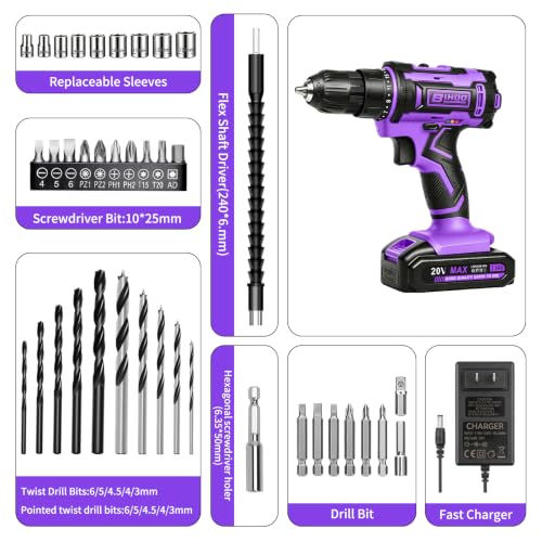 Image of Purple Cordless Drill Set,20V Drill Driver with Battery and Charger,3 /8-Inch Keyless Chuck, Variable Speed,with Drills Bits Set
