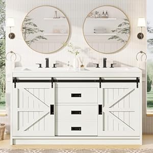 AMERLIFE 61" Farmhouse Double Bathroom Vanity with Sink Combo, Dual Basin Bathroom Storage Cabinet with Sliding Barn Doors & Drawers, Large Double Bath Vanity Sink Set, Rustic White AMERLIFE 61 Farmhouse Double Bathroom Vanity with Sink Combo Dual Basin Bathroom Storage Cabinet with Sliding Barn Doors Drawers Large Double Bath Vanity Sink Set Rustic White