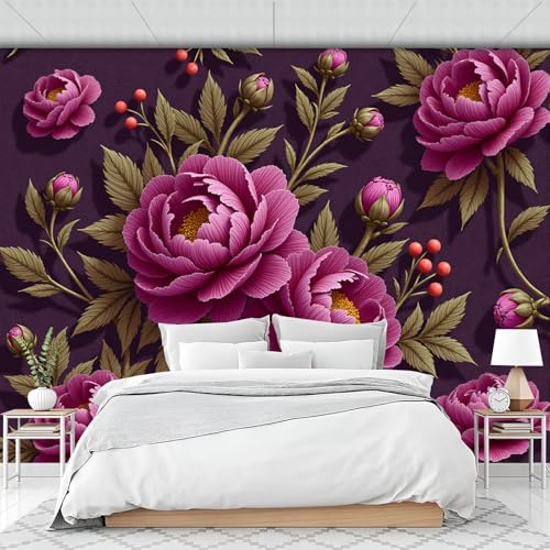 Morado Oscuro Fondo De Pantalla Panorámica 3D, Patrón Peonía Retro Fotomurales Mural 250 X 175 Cm (An X Al), Preciosas Flores Realistas, Decoración De Pared Para Sala Cuarto Oficina Y Salón