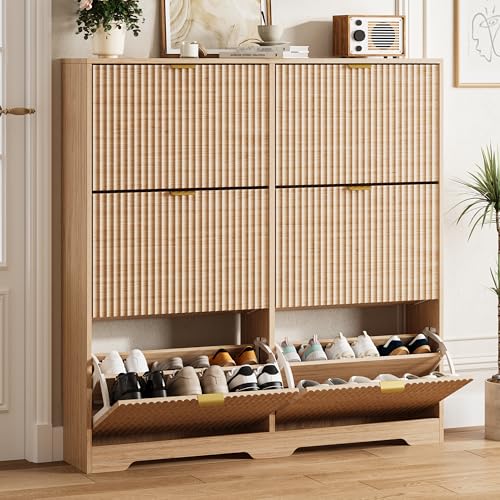 Image of HUANLEGO Shoe Cabinet Storage for Entryway with 6 Flip Drawers, Oak Fluted Shoe Cabinet with Adjustable Shelves, Wooden Hidden Shoe Rack Freestanding Narrow Slim Shoes Storage for Hallway, Entrance