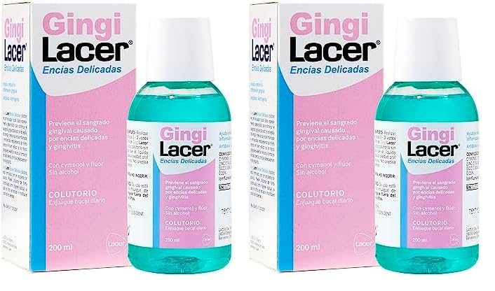 LACER GINGI - Colutorio Diario 200 ml, Reduce el Sangrado Gingival, óptimo para Gengivitis y la Periodontitis, Sabor a Menta, Con Fluor, Antibacteriano y Anticaries (Paquete de 2)