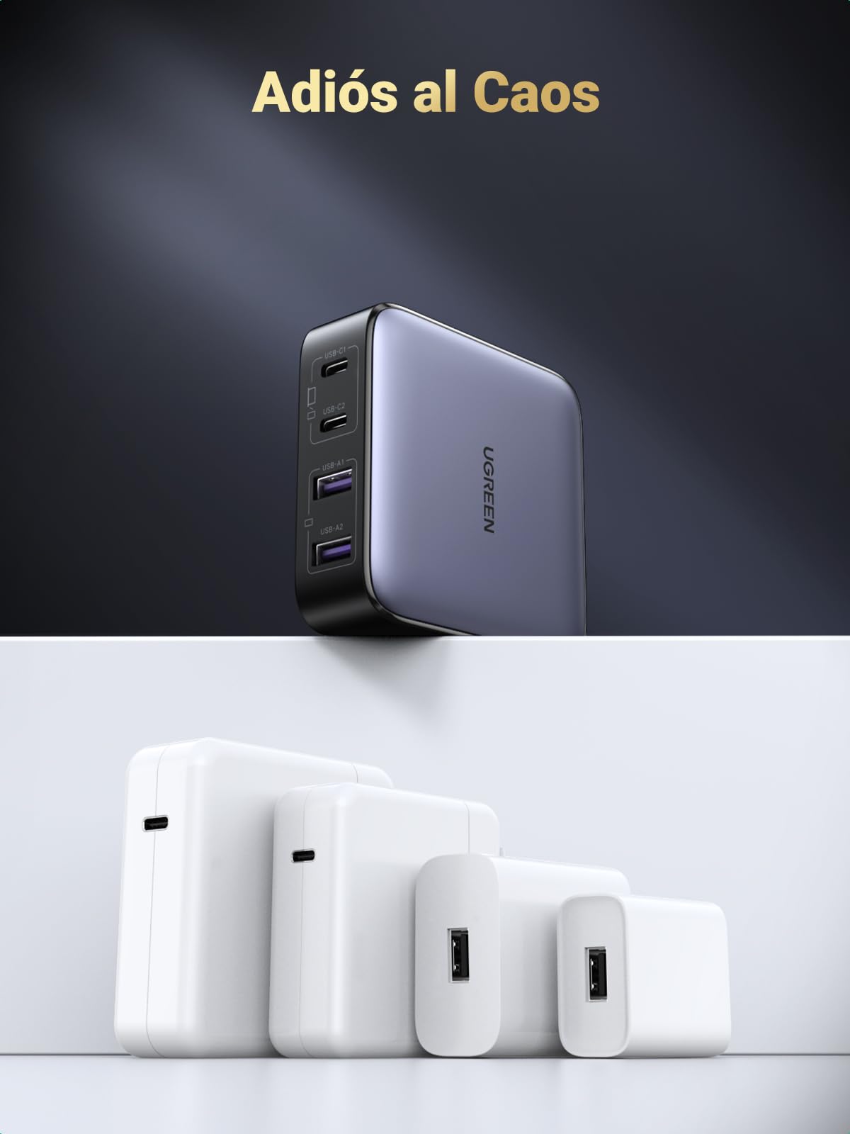 UGREEN Nexode 65 W 4 puertos cargador USB C rápido de escritorio con GaN II Tech compatible con iPhone 16 Plus Pro Max 15 14 13 12 MacBook Pro Air iPad Galaxy S24 Ultra Plus, 2 M cable de alimentación