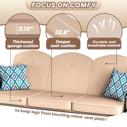 Image of ZZW 3 Seat Outdoor Porch Patio Swing with Stand 800lbs 2-in-1 Convertible Swing Bed with Adjustable Canopy & Removable Cushion for Yard Garden Deck (Khaki, Round Tube)