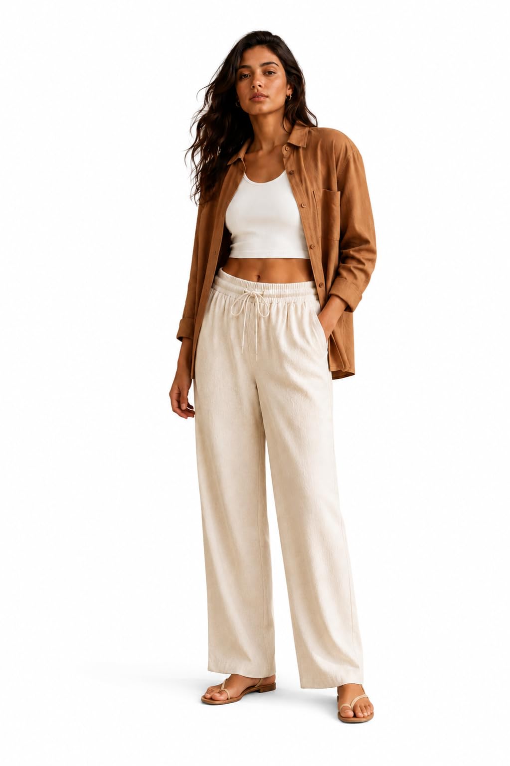 Women's Off White Linen Blend Wide Leg Trousers | High Waist Elastic Drawstring Palazzo Pants | Relaxed Fit Casual Summer Lounge Wear with Pockets-image-34