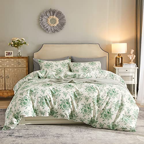 mixinni 3-teiliges Bettbezug-Set für King-Size-Betten, weiß, Blumenmuster, Bettbezug, Blatt, Bettbezug, weiche Baumwolle, King-Size-Bettwäsche, Bettbezug-Set mit Reißverschluss, 4 Bänder Cover