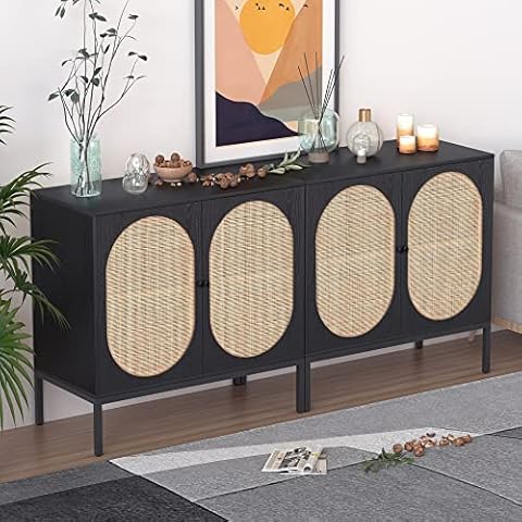 XIAO WEI Sideboard Cabinet with Handmade Natural Rattan Woven Doors, Rattan Cabinet Accent Buffet Console Table Storage Credenza, for Kitchen Living Room Kitchen Entryway-2 Pieces(Metal Legs Black) Cover