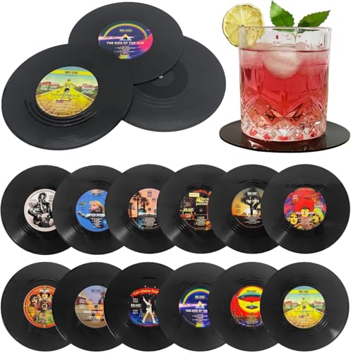 12er Set Bechermatte im Retro-Vinyl-Design mit Ständer Kreatives Geschenk für Musikliebhaber Coole Wohndeko für Geburtstag Einweihung & Weihnachten (12 Stück)