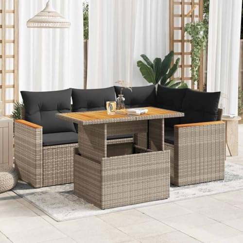 Homgoday Conjunto Jardín de Ratán Conjunto Terraza Resistente a la Intemperie,Rattan Garden Furniture Set sofás jardín y Cojines 5 pzas ratán sintético Acacia Gris