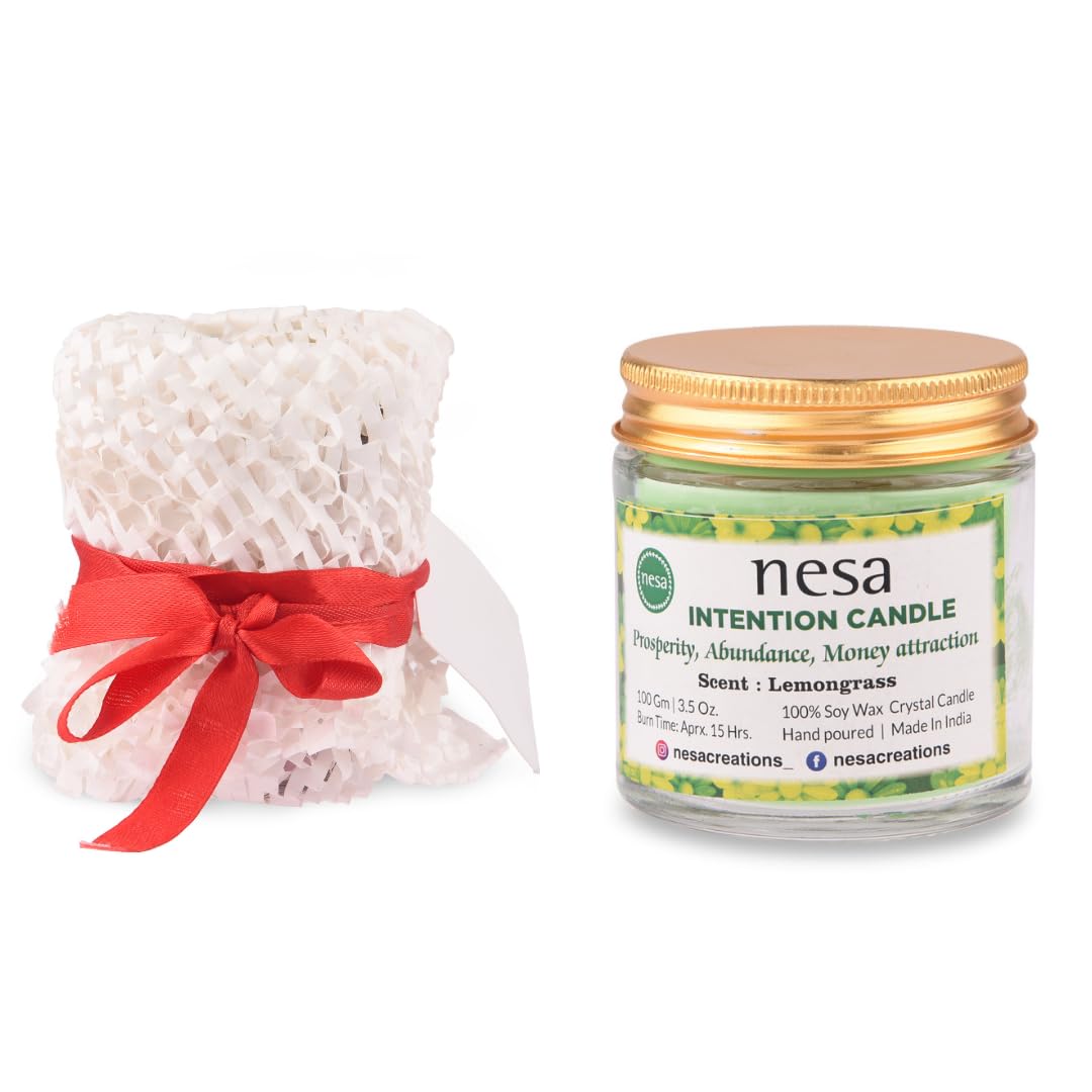 Nesa Prosperity Intention Crystal Candle - 100% Soy Wax Candle with Green Aventurine and Citrine Crystals - Green Color and Lemongrass Scent - Spell and Ritual Candle for Money Attraction- 100 g