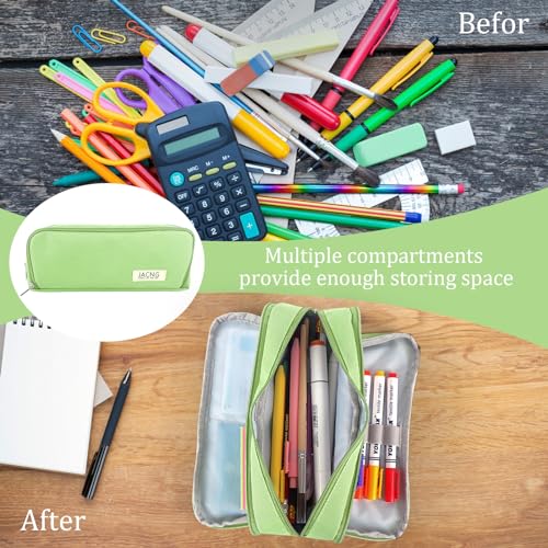 Image of Large Pencil Case Big Capacity Zippered Pencil Pouch with 3 Compartments Portable Desk Organizer Pen Holder Multi-functional Cosmetic Makeup Pouch for Home School Office Supplies Light Green