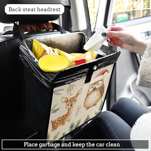 Image of Car Trash Can Organizer Bin with Adjustable Strap for Back Front Seat Console Waterproof Leakproof Collapsible Portable 11 Inch Christmas Deer Owl Pinecorns Leaves Beige