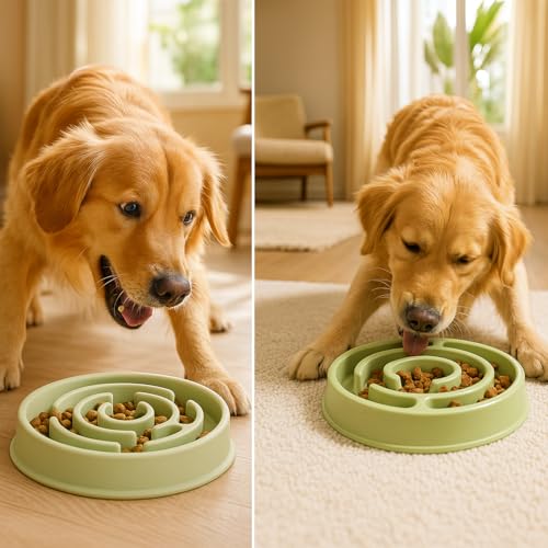 Image of Slow Feeder Bowl | Round Maze Food Bowl for Dogs and Cats | Anti Choking Puzzle Bowl | Anti Slip Interactive Feeding Dish | Durable & Easy to Clean | Anti Bloat and Aids Digestion (Green)