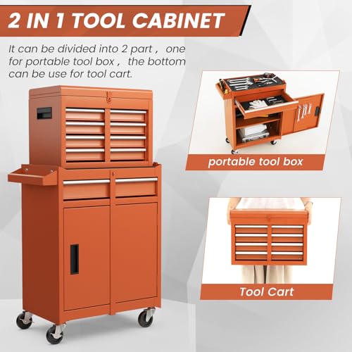 Image of Goplus Rolling Tool Chest, 5-Drawer Tool Box Organizer w /Lockable Wheels & Sliding Drawers & Detachable Top & Adjustable Shelf, Tool Storage Cabinet for Garage Workshop (Orange)