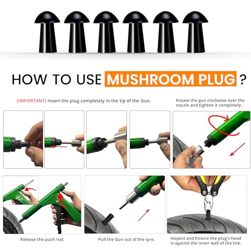 Image of GRAND PITSTOP Tubeless Tire Gun Puncture Repair Kit with Mushroom Plug for Tyre Punctures and Flats on Cars, Motorcycles, ATV, Trucks & Tractors (Gun Puncture kit 15 Plugs, Green)
