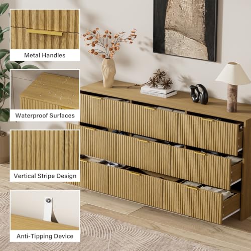Image of Furniway 3 Piece Bedroom Set, 9 Drawer Dresser and 3-Drawer Nightstand Set of 2 with Gold Handles, Mid-Century Modern Wood Chest of Drawers Storage Cabinet for Bedroom, Natural Oak