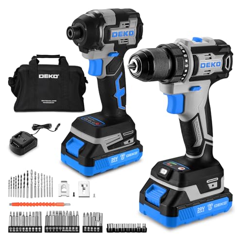 Cordless Drill & Impact Driver: DEKOPRO 20V Brushless Power Drill and 20V Brushless Impact Driver Set, Power Tool Set with 2 x 2.0Ah Batteries, Charger, Bag& 52 x Accessories-Blue