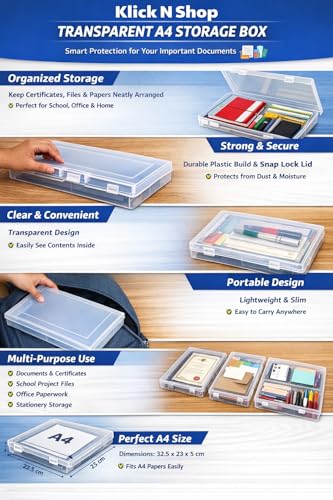 Image of Klick n shop A4 Clear File Storage Box, Transparent Plastic Document Organizer with Latching Lid, Stackable Paper Holder for Office, School and Home (Pack of 1)