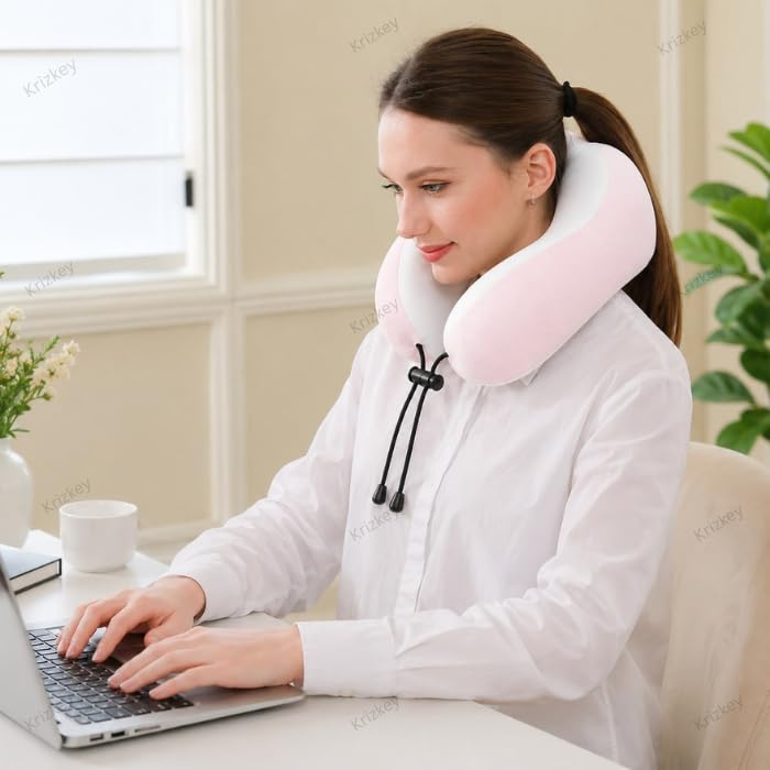 Image of Memory Foam Travel Neck Pillow with Storage Case | Soft Stretchable Fabric, Ergonomic U-Shaped Neck Support Cushion for Airplane, Car, Train & Office Travel (Pink)