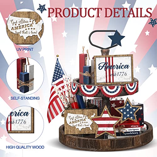 Image of FairySandy 13 Pcs Vintage 4th of July Tiered Tray Decor Rustic Patriotic 250th Anniversary Independence Day Decorations American Farmhouse Table Wooden Sign Red White Blue USA Flag for Memorial Day