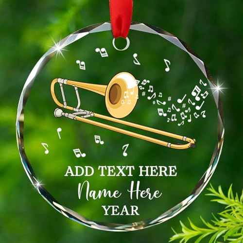 Personalized Trombone Musical Glass Ornament Gift, Custom Year Text Name Ornaments for Appreciation Trombone Teacher/Thanksgiving, Trombones Glass Xmas Ornaments, Trombone Instrument Ornament Gift