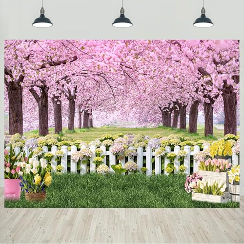 10x8ft Spring Backdrop Garden Pink Cherry Blossom Trees Flowers Green Grass Photography Background Happy Spring Wedding Bridal Shower Party Decorations Portraits Banner Photo Studio Props