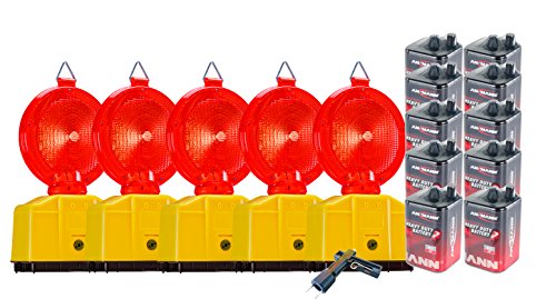UvV Vollsperrung Set Z9-5 rote Baustellenleuchten LED-Warnleuchte Secura-Halter, inkl. 10 x 6 Volt Batterien 1 x Lampenschlüssel (Zweiseitig + 10 Batterien 9 Ah)