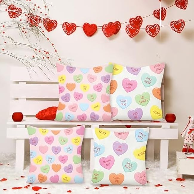 WATINC 4Pcs Valentine¡¯s Day Candy Conversation Cute Heart Throw Pillow Covers, Burlap Hearts Love Cushion Case Decoration for Sofa Couch, 2 Designs Square Valentine Theme Party Home Decor (18 x 18 In)