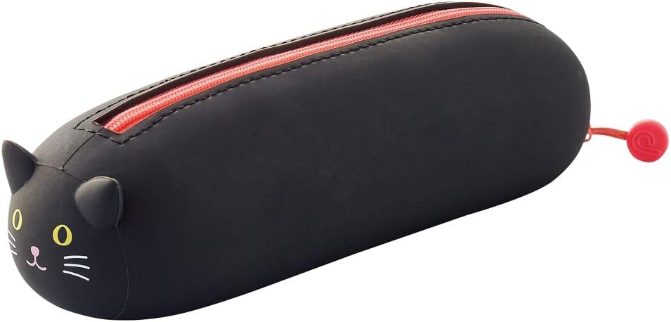 LIHITLAB PuniLabo Zipper Pen Case/Pouch, Horizontal, 2.5" x 7.9", Black Cat (A7781-3), Pen: 2.5"x 7.9"x 2.4"