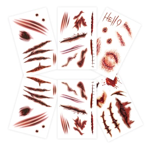 AUXHCYL Halloween Tattoos(6 Sheets),Scar Tattoos,Zombie Makeup Halloween Face Stickers,Fake Scab Blood Special Fx Costume Make up Props(Large) AUXHCYL Halloween Tattoos(6 Sheets),Scar Tattoos,Zombie Makeup Halloween Face Stickers,Fake Scab Blood Special Fx Costume Make up Props(Large)