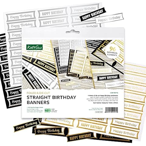 Katy Sue Foiled Birthday Straight & Wavy Banners Selection Set - 192 Gold & Silver Foil Detailed Die Cut Happy Birthday Sentiment Banners Cover