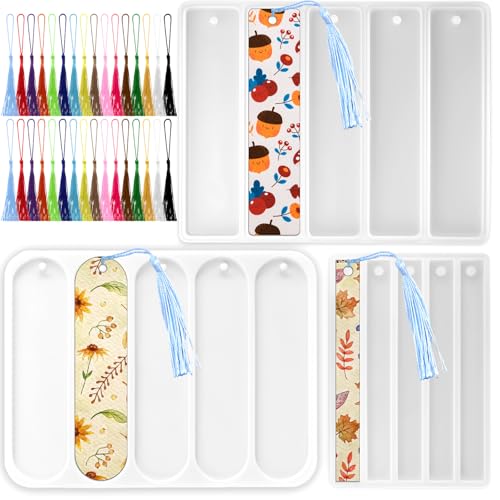 3PCS Resin Bookmark Mold, Bookmarks Silicone Mold with 32pcs Tassels Rectangle Bookmark Molds for...