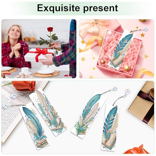 Image of 4-Pack 5D Diamond Painting Bookmarks Kit, Peacock Feather DIY Diamond Art Bookmarks with Rhinestones and Tassels, Creative Bookmark Making Set for Adults, Gift for Book Lovers