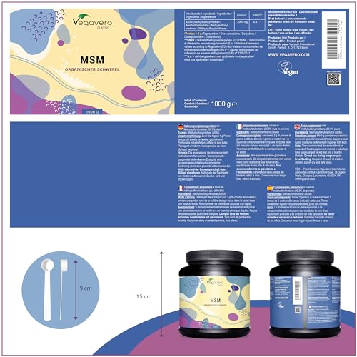 Vegavero MSM Pulver hochdosiert 1000g – Fein kristallines Methylsulfonylmethan Pulver - reiner organischer Schwefel - ohne Zusatzstoffe - Laborgeprüft & vegan