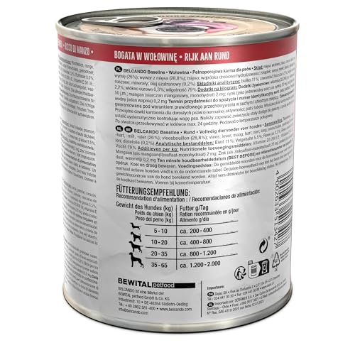 BELCANDO Baseline Nassfutter für Hunde, Rind, 6X 800g Dose, 70% Fleisch für ausgewachsene Hunde, Hundefutter nass ohne Getreide, Made in Germany