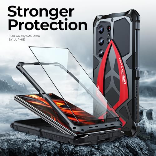 Image of Lunivop For Samsung Galaxy S24 Ultra Case 2024 Metal Phone Hard Shell Case Para Screw(With Soft Screen Protector) Heavy Duty Rugged Military Grade Black Red