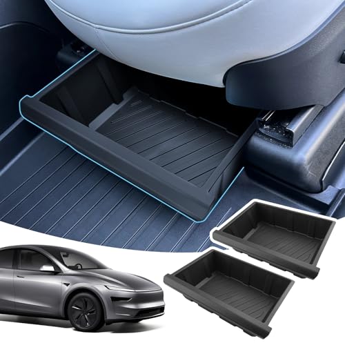 LANGBEAN 2 Stück Aufbewahrungsbox Unter dem Sitz für Tesla Model Y 2025 2024 2023, TPE Organizer Verstecktes Tablett für Vordersitze für Model Y Juniper Zubehör