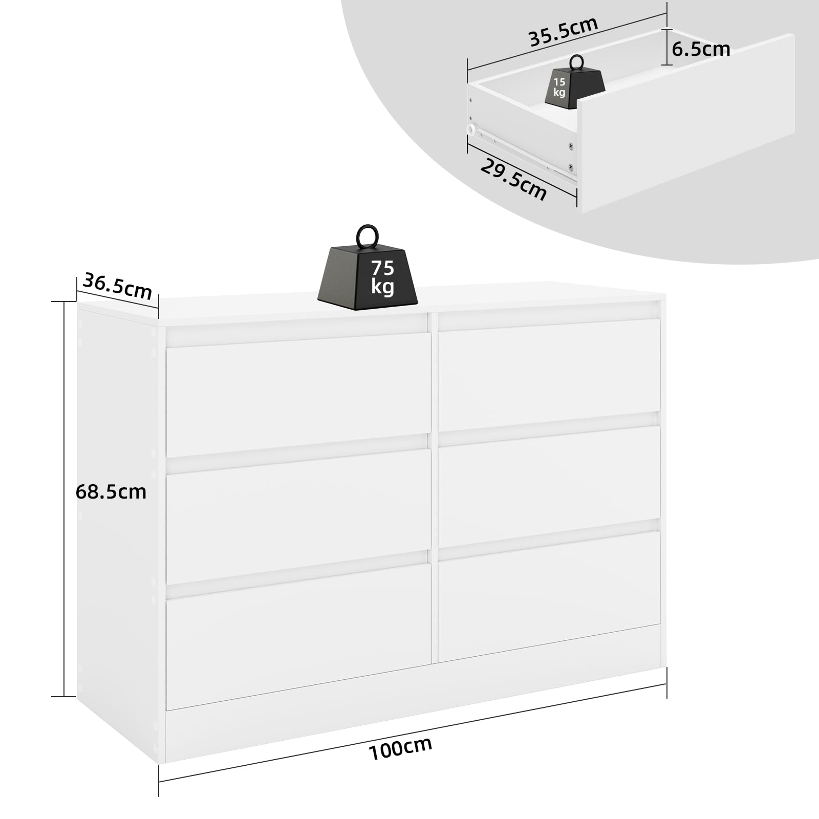 Cassettiera Camera da Letto, Moderna Comò Camera da Letto in Legno, per Soggiorno, Sala da Pranzo e Corridoio, 100 x 37 x 69 cm，Bianco