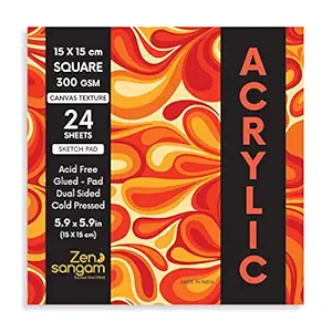Zen Sangam Artists Square Acrylics Glued Sketch Paper Pad - 300GSM, Cold Pressed, (24 Sheets) - Canvas Texture Surface (15cm x 15cm) For Acrylics, Tempera, Poster Paint, Heavy-body Paints, Oil Paints