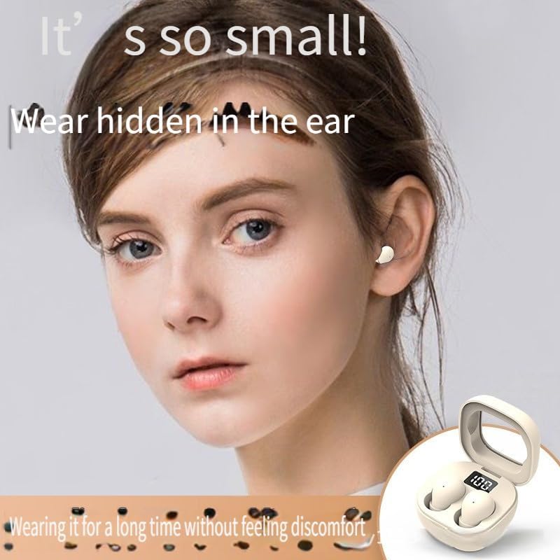 Woman wearing SK19 Sleep Earbuds, highlighting their small size and hidden fit in the ear.