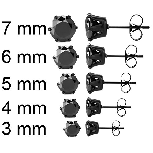 JewelrieShop Stud Earrings Hypoallergenic Surgical Steel Earrings for Women Cubic Zirconia Stud Earrings Pack Stud Earrings Set for Sensitive Ears (Black, 3-7mm, 5 Pairs)3