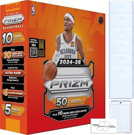 2024-25 Prizm Basketball Mega Box with 50 Trading Cards + 6 Toploaders + Magnetic Holder + StreetCards Magnet! Look for Manga and Sublime SSP!