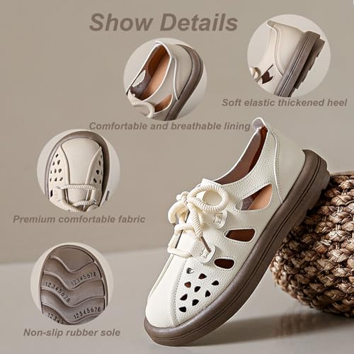 Image of Women's Leather Lace Up Cutout Loafers Soft Platform Lightweight Closed Toe Breathable Outdoor Walking Sandals Casual Wide Round Toe Anti-Slip Comfort Slip On Oxfords