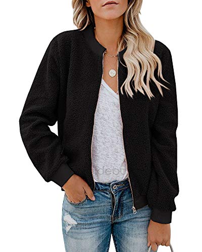 Eurivicy Women Fleece Jacket Winter Bomber Long Sleeve Faux Sherpa Fuzzy Casual Zip Up Coat Pocket