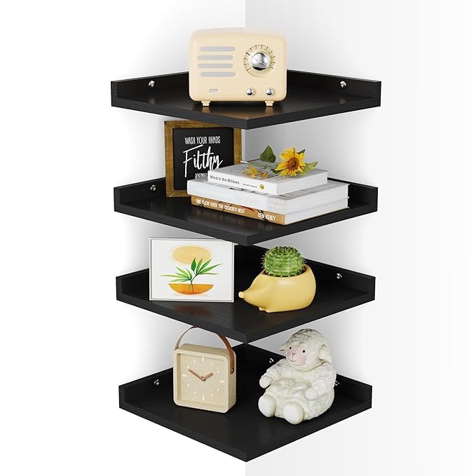 FireBees Wooden Corner Shelf for Living Room Decor | Wall Mounted Floating Shelf | Book Shelf Wooden Wall Mounted | Decorative Wall Shelf for Books & Wall Décor | Rack Shelf for Living Room Set of 4