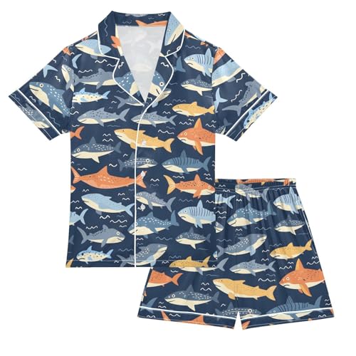 ALAZA Fish Chevron Navy Satin Pajamas Set Short Sleeve Button Down Sleepwear Summer Pjs 2 Piece