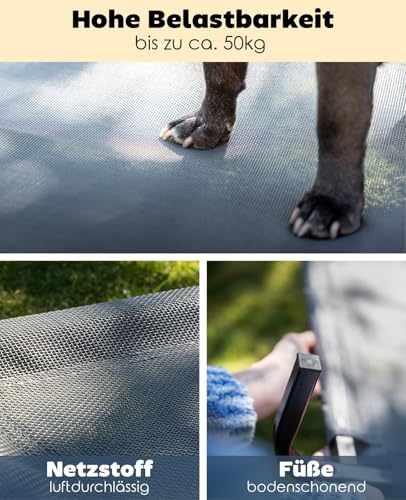 lionto Outdoor Hundeliege erhöht, stabile Haustierliege mit guter Luftzirkulation schützt vor Bodenkälte, 106x62 cm, abnehmbarer Bezug aus atmungsaktivem Netzgewebe, robuster Metallrahmen, grau